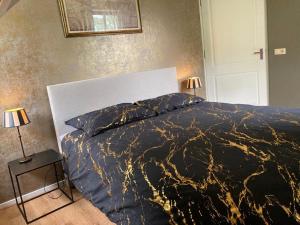 een slaapkamer met een zwart-gouden bed met 2 lampen bij B&B Erve Möskert in Geesteren