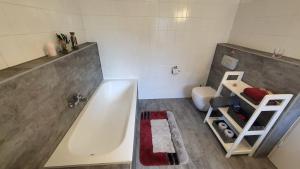 Koupelna v ubytování Apartments am Saalebogen mit Gartenterrasse, Grillkamin und freie Parkplätze