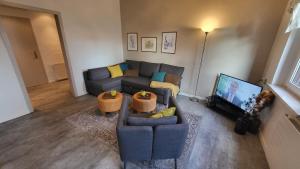 TV a/nebo společenská místnost v ubytování Apartments am Saalebogen mit Gartenterrasse, Grillkamin und freie Parkplätze