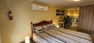 a bedroom with a bed with a heater and a kitchen at Walters Lane Economy Apartment 1 - No Loadshedding in Cape Town