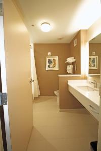 ein Badezimmer mit einem Waschbecken, einem WC und einem Spiegel in der Unterkunft Fairfield Inn & Suites by Marriott London in London
