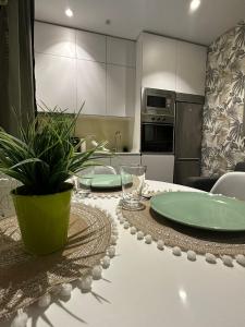 Apartamento 1 hab en La Latina - Madrid Centro في مدريد: مطبخ مع طاولة عليها لوحات خضراء