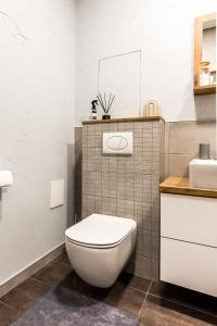 a bathroom with a white toilet and a sink at Karaliaus apartment in Kaunas +22 photos
