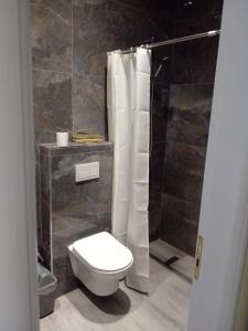 La salle de bains est pourvue d'une douche et de toilettes. dans l'établissement Nefertiti, à Durrës