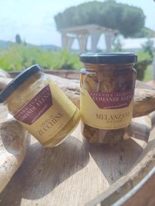 two jars of pickles sitting on a wooden table at Pian di Rocca Country in Castiglione della Pescaia