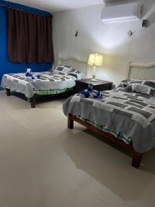 Duas camas individuais num quarto com um candeeiro. em Casa Ibiza Celestun em Celestún