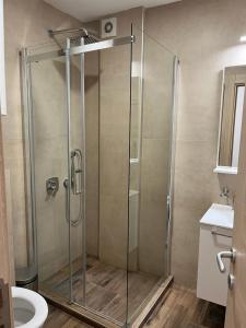 a shower with a glass door in a bathroom at MONTANA apartment 9 in Kopaonik