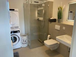 a bathroom with a shower toilet and a sink at Luxuswohnung Nähe Köln Bonn in Troisdorf +23 photos