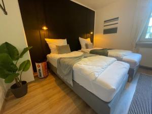 2 Betten in einem Hotelzimmer mit Topfpflanze in der Unterkunft Design Apt. Messe•HBF•Uniklinik in Essen