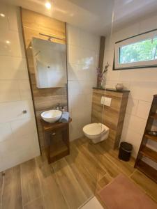 a bathroom with a toilet and a sink at Oosterschelde Lodge met veel privacy en dicht bij het water in Scherpenisse