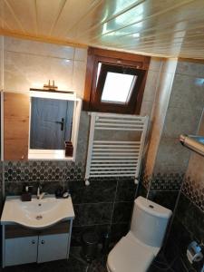 a small bathroom with a toilet and a sink at Mutlu apart ve bungalovs in Pazar