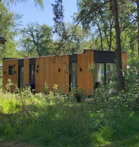 een houten huis in een veld met bomen bij Vakantiewoning Mystiek in Zutendaal
