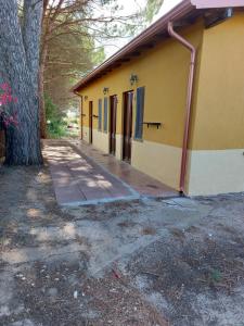 un edificio amarillo con un árbol delante de él en Agriturismo I 13 Pini di Putzu Anna Maria en Giba