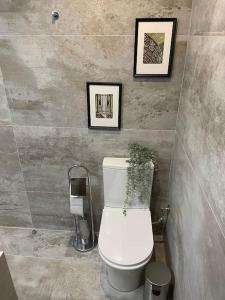 a bathroom with a toilet and two pictures on the wall at Chic fully equipped Studio Apart - Netflix - Wi-Fi in Piraeus