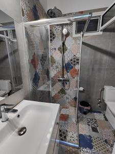 a bathroom with a shower and a white sink at Asmini Beach Apartments in Asmínion