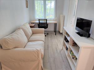 a living room with a white couch and a tv at Asmini Beach Apartments in Asmínion