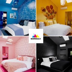 eine Collage mit vier Bildern eines Zimmers mit zwei Betten in der Unterkunft The Norsdale plus CMYK Motel on 10 acres in Phoenicia in Phoenicia