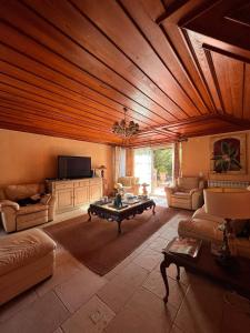 a large living room with a wooden ceiling at Casa de Santo Amaro in Sintra