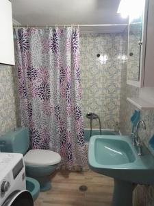 a bathroom with a sink toilet and a shower curtain at Billy's appartment in Preveza +17 photos