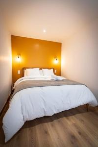 ein Schlafzimmer mit einem großen Bett mit einer gelben Wand in der Unterkunft L'Albatros 011 - Hypercentre * Cosy * Wifi in Saint-Quentin