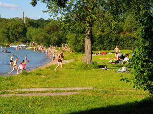 a group of people playing in the water at a park at domek PERKUN in Pierkunowo