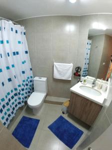 un bagno con un water bianco e un lavandino di Hermoso y moderno departamento a pasos del lago a Puerto Varas Altre 47 foto