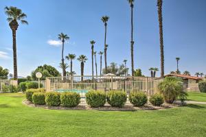 une cour avec une clôture, des palmiers et une piscine dans l'établissement Indio Vacation Rental with Pool and Spa!, à Indio
