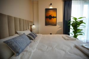 イスタンブールにあるVanilla 11の大きな白いベッドと青い枕のある寝室