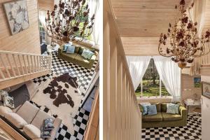 two images of a living room with a chandelier at The Barn Burradoo in Burradoo