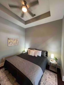 a bedroom with a large bed and a ceiling at Luxury 1 Bedroom Apt in Plaza Midwood- Fast WiFi in Charlotte