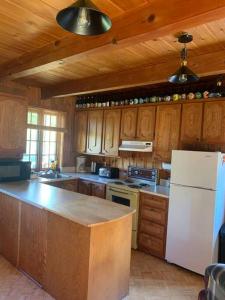 a kitchen with wooden cabinets and a white refrigerator at Natura Versailles SPA et plage privée in Saint Come