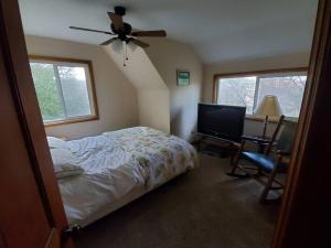 箭頭湖的住宿－Beautiful Lake View House for rent!，一间卧室配有一张床和吊扇