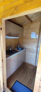 a small kitchen in a wooden cabin with a sink at Pas Jūratę namelių nuoma Šventojoje in Šventoji
