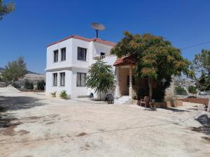 a white house with a tree in front of it at فيلا بوابة جرش الرومانيه الشماليه in Jerash