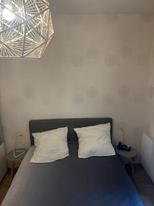 uma cama com duas almofadas num quarto em Saint ouen: superbe appartement em Saint-Ouen