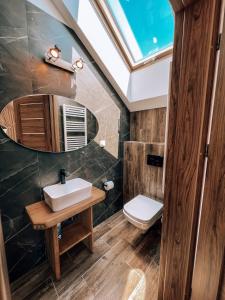 a bathroom with a sink and a mirror at Marina Olchowiec - Villa in Olchowiec