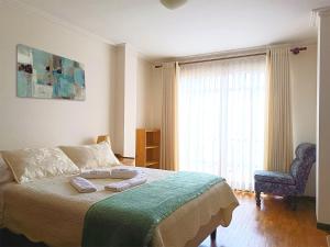 苏克雷Hotel San Felipe的一间卧室，里面有一张床、一把椅子和一扇窗户