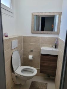 ein Badezimmer mit einem WC, einem Waschbecken und einem Spiegel in der Unterkunft Maison en centre ville in Cormeilles-en-Parisis