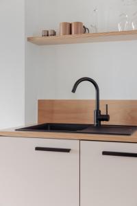 a kitchen with a sink and a counter at Das Grüne Haus - Boutique Apartments ecofriendly in Innsbruck +65 photos