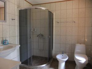 La salle de bains est pourvue d'une douche, de toilettes et d'un lavabo. dans l'établissement Sodyba Suvernų kaime, à Ventė