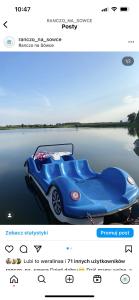 切哈諾維茨的住宿－Ranczo Na Sówce，水中一幅蓝色汽车的照片
