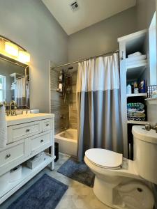 a bathroom with a toilet and a sink and a shower at Luxury Historic Shotgun Home in Lower Garden District in New Orleans