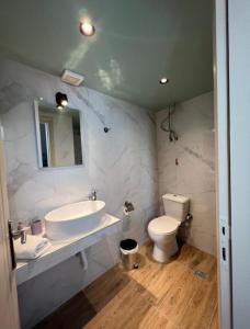 y baño con lavabo, aseo y espejo. en Spiros apartment in the center of Preveza Dodonis 32, en Preveza