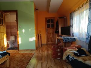 a room with a room with a toilet and a television at Pokoje u Joanny in Ząb