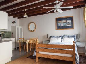 a bedroom with a bed with a ceiling fan at Apartments Hemingway House in Kobarid