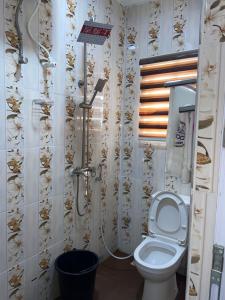 ein Bad mit einer Dusche und einem WC. in der Unterkunft Bamod Hotel and Suites in Lekki