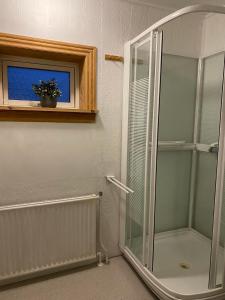 a glass shower in a bathroom with a window at Cosy house near airport in Sørvágur