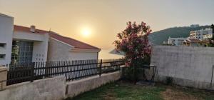 a house with a fence and a tree with pink flowers at Apartman Haris in Dobra Voda