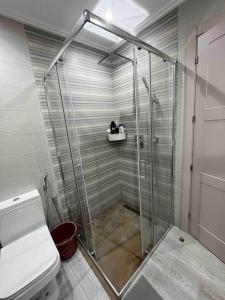 La salle de bains est pourvue d'une cabine de douche et de toilettes. dans l'établissement Mdi’q frente al mar, à M'diq