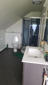 a bathroom with a white sink and a toilet at Cosey 1 bedroom loft with free parking in Stavanger